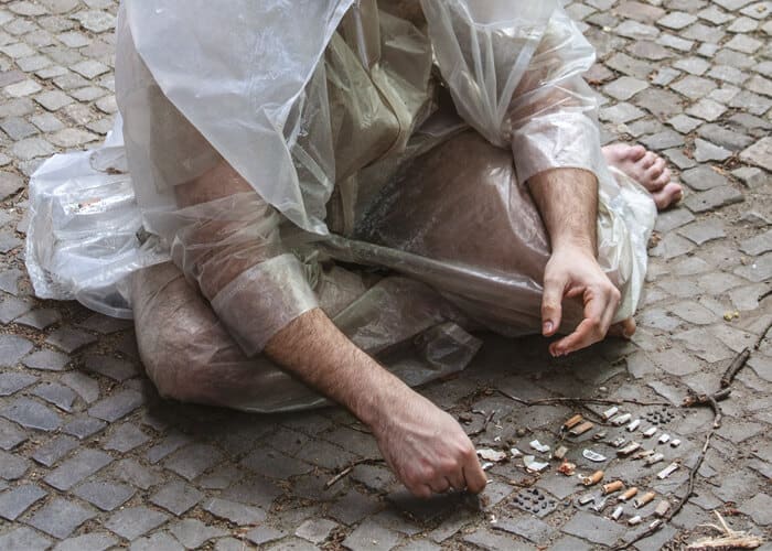 Kai Lossgott, hunter-gatherer, 2016. Production still from performance with wearable postconsumer plastic sculpture and found objects; 3 hrs, Schillerpromenade, Berlin. Photo: top e. v. Image courtesy of the artist.