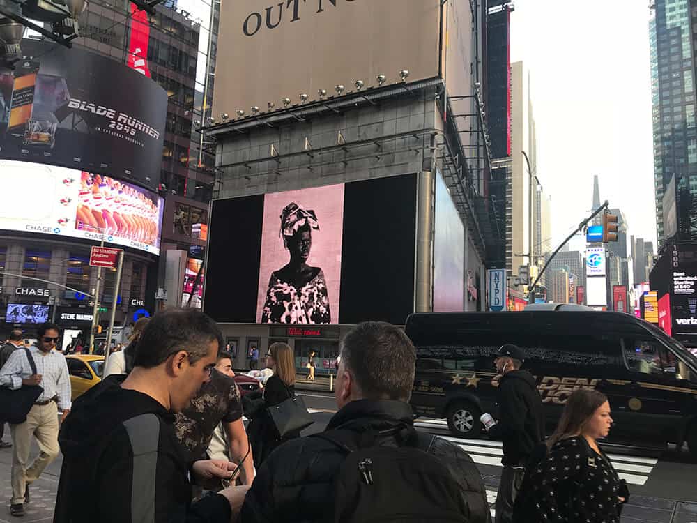 Installation shot of Zanele Muholi’s intervention in Time Square, New York City, as part of Performa 17. Courtesy of Performa.