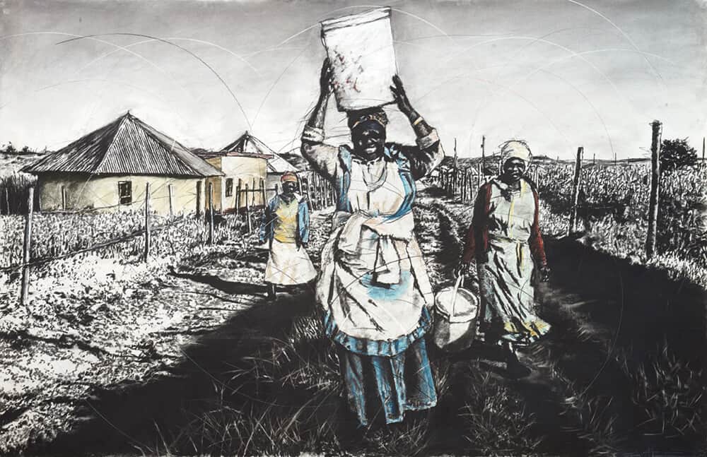 Phillemon Hlungwani, Qunu 1. Charcoal and pastel on paper, 140 x 219cm. Image courtesy of Everard Read Johannesburg.