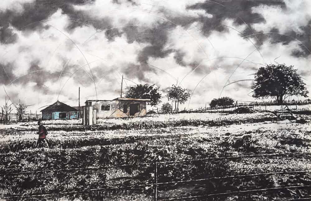 Phillemon Hlungwani, Qunu 8. Charcoal and pastel on paper, 140 x 219cm. Image courtesy of Everard Read Johannesburg.