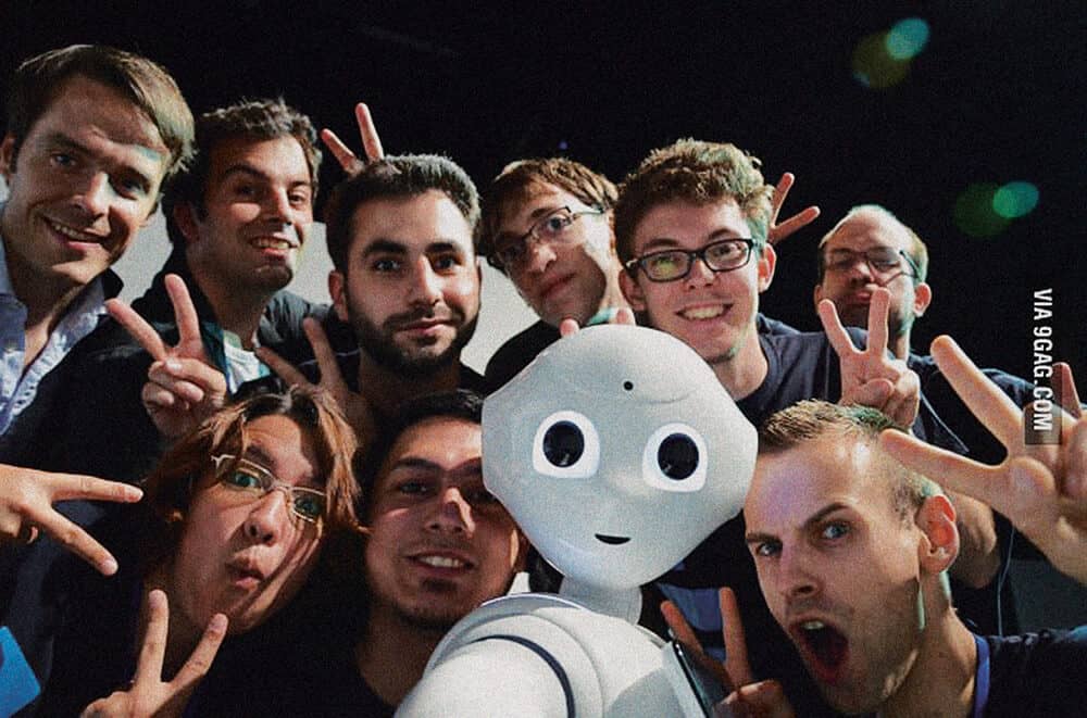 Pepper, the robot, taking the first robot selfie. Manufactured by SoftBank Robotics. Courtesy of 9GAG.com
