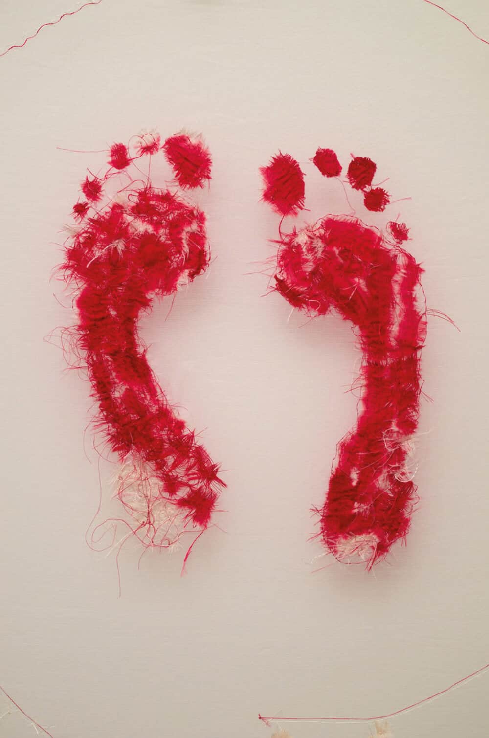 Amita Makan, My Feet, 2012. Hand embroidered with silk, viscose thread, vintage sari on silk organza. (The work is encased in perspex to be viewed recto and verso), 125 x 82 x 3.3cm. Courtesy of the artist.