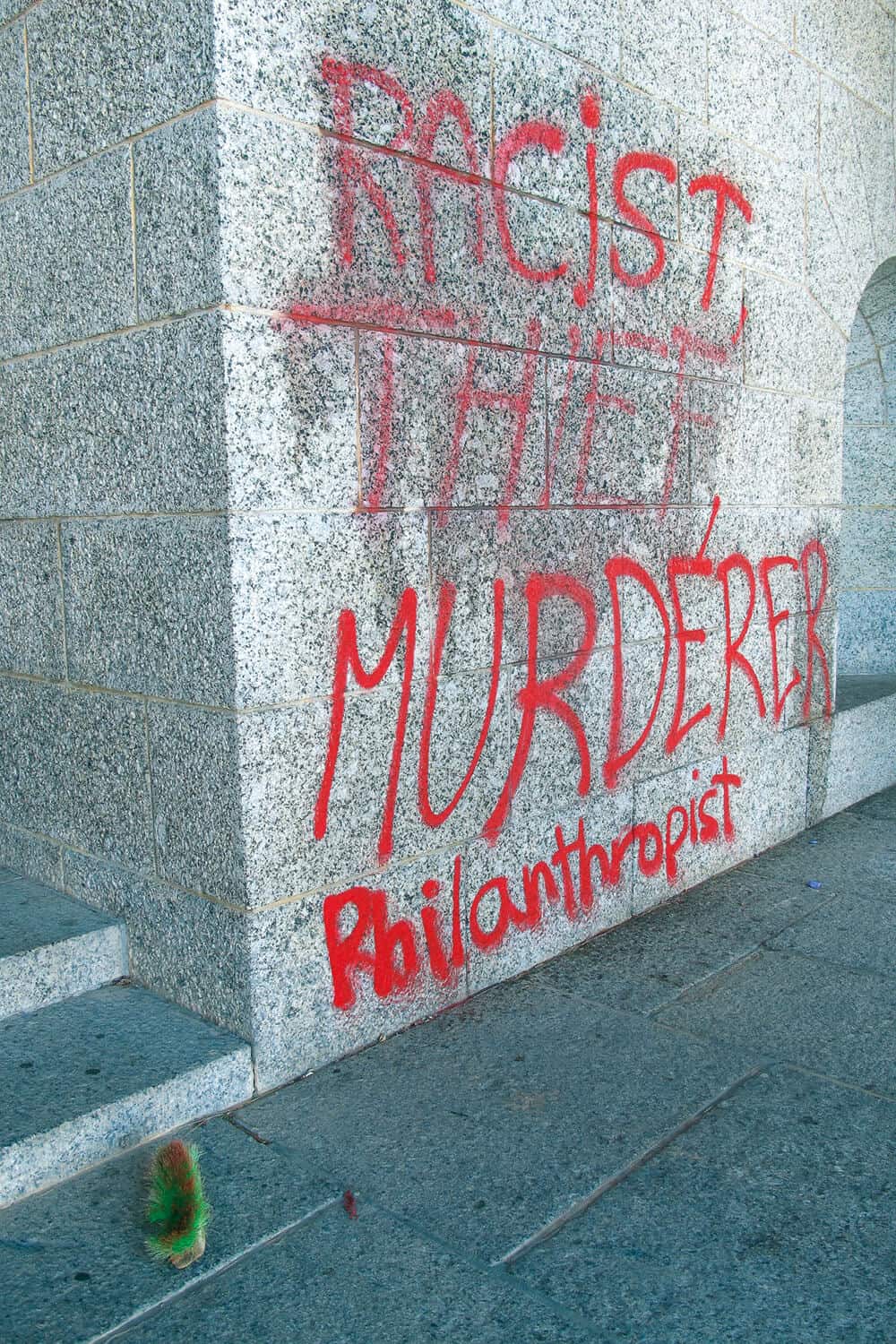 "Racist, Thief, Murderer, Philanthropist" read graffiti at Rhodes Memorial in Cape Town. Photograph: Kim Gurney