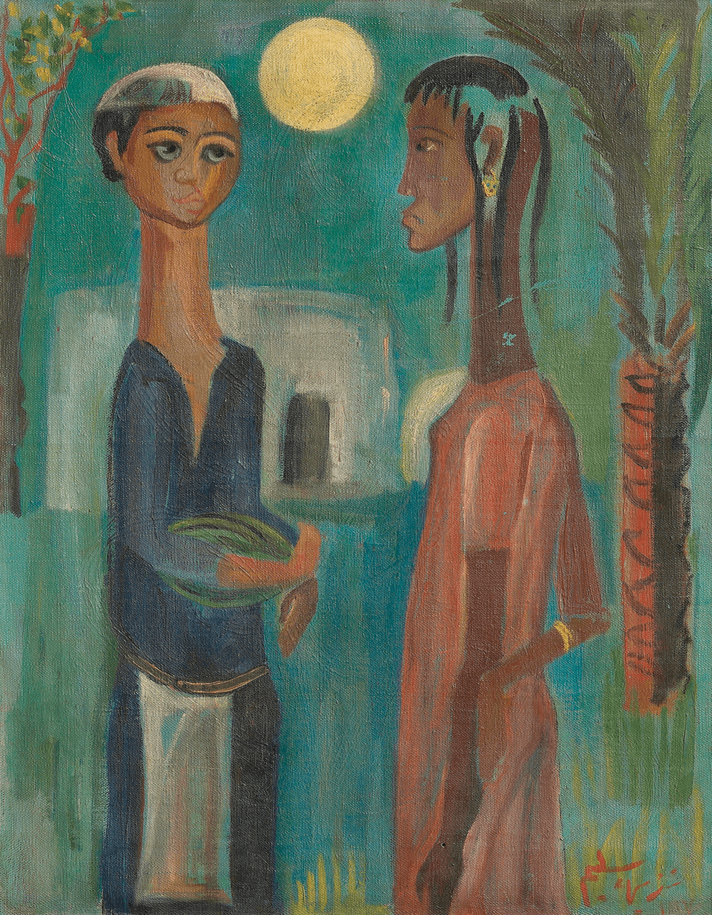 Nazhi Selim, Lovers in the Moonlight, 1947. Oil on canvas, 42 x 54cm. Courtesy of Alia and Hussain Harba Collection, Iraq, Italy. Photographer: Edoardo Garis.