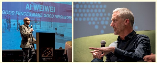 LEFT: Sam Rauch, Director of Special projects at Public Art Fund, New York, presenting Ai Weiwei’s ‘Good Fences Make Good Neighbours’ exhibition at ‘UNFOLD Art XChange’, 2018. RIGHT: Daniel Tobin of Urban Art Projects (UAP), Brisbane, Australia, presenting at ‘UNFOLD Art XChange’, 2018, about their work on ‘Good Fences Make Good Neighbours’.