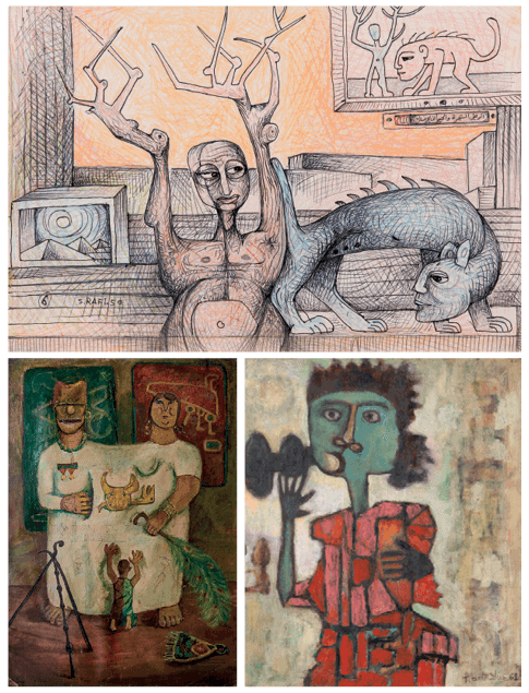 CLOCKWISE FROM TOP: Samir Rafi, The Tree, the Man, and the Human Animal, 1950. Ink and coloured graphite on paper, 25.5 x 38cm. Courtesy Ahmed Eldabaa collection. Photography: Ayman Lofty. Abdelhadi El Gazzar, The Family, circa 1953. Oil on canvas, 60 x 46cm. Courtesy Yasser Hashem collection, Cairo. Farid Belkahia, Personnage, 1962. Oil on panel, 76 x 65cm. Courtesy Private Collection.