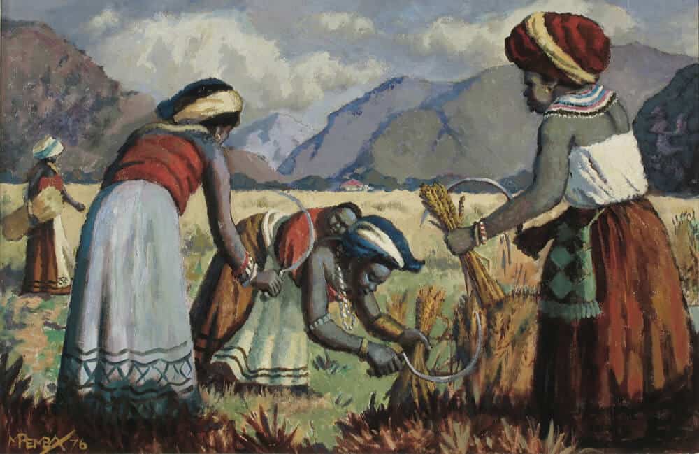 George Mnyalusa Pemba, Harvesters, 1976. Oil on canvas.