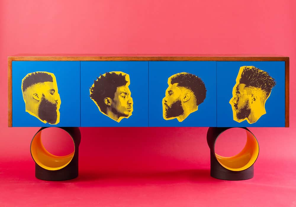 Babershop Sideboard: African Urban Sideboard based on the vibrant street lifestyle of Africa. It has a combination of industrial pipes as the base and oak top with etched portraits.