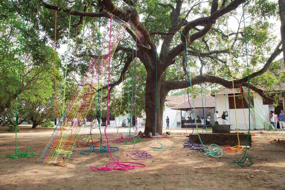 Lubna Chowdry, Santha K.V. , Installation view at Kochi-Muziris Biennale 2018, Courtesy of Kochi Biennale Foundation. Santha K.V. is co-founder of TASARA of upstate Malabar which is dedicated to creative weaving. The 1989-founded centre based at Beypore near Kozhikode endeavours to deliver a contemporary touch to this age-old art.