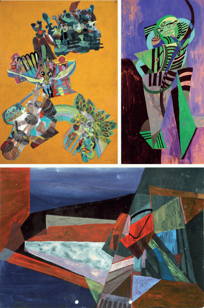 CLOCKWISE FROM TOP LEFT: Manuel Figueira, Litters of the Mindelense Carnival, 1989. Gouache on paper, 96 x 72cm. Untitled, 1972. Gouache on paper, 39 x 21cm. Untitled, 1978. Gouache on paper, 21,5 x 31cm.