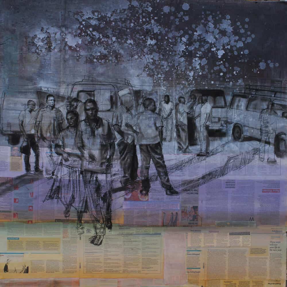 Ocom Adonias, New taxi park saints, 2019. Charcoal and wash on newspapers, 100 x 90cm. Courtesy of the artist & Afriart Gallery.Ocom Adonias, New taxi park saints, 2019. Charcoal and wash on newspapers, 100 x 90cm. Courtesy of the artist & Afriart Gallery.
