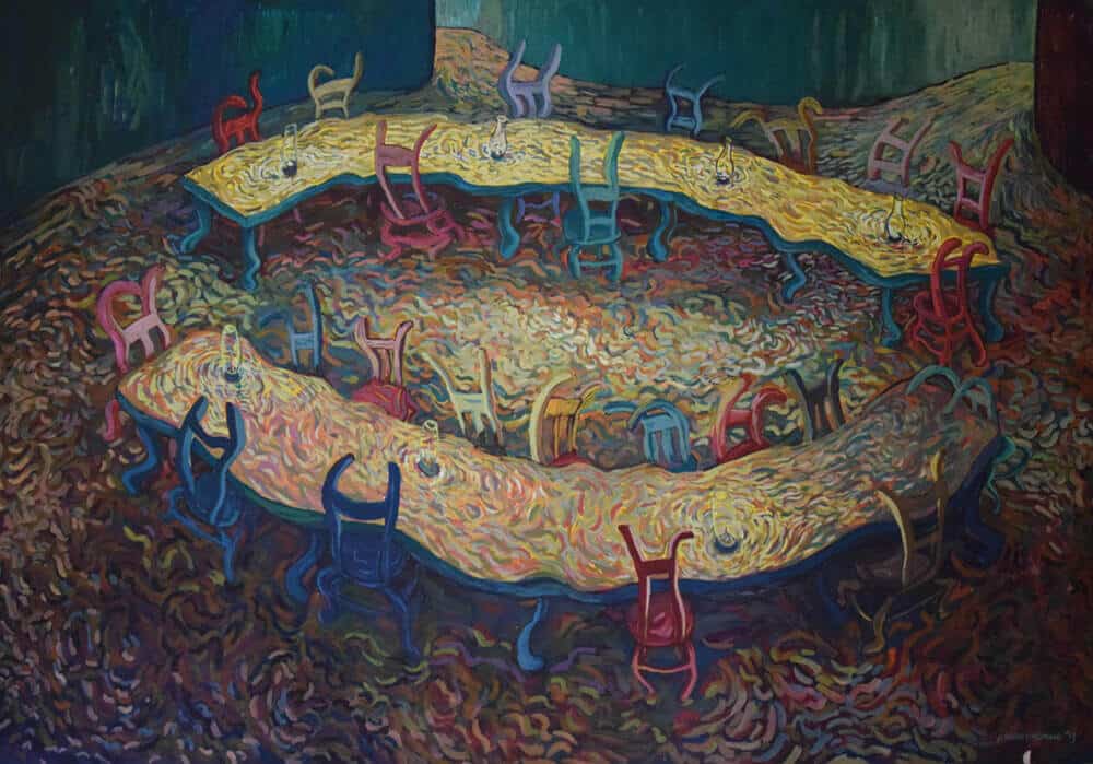 Cosmos Shiridzinomwa, Fruitless Discussions, 2013. Oil on canvas, 227 x 157cm
