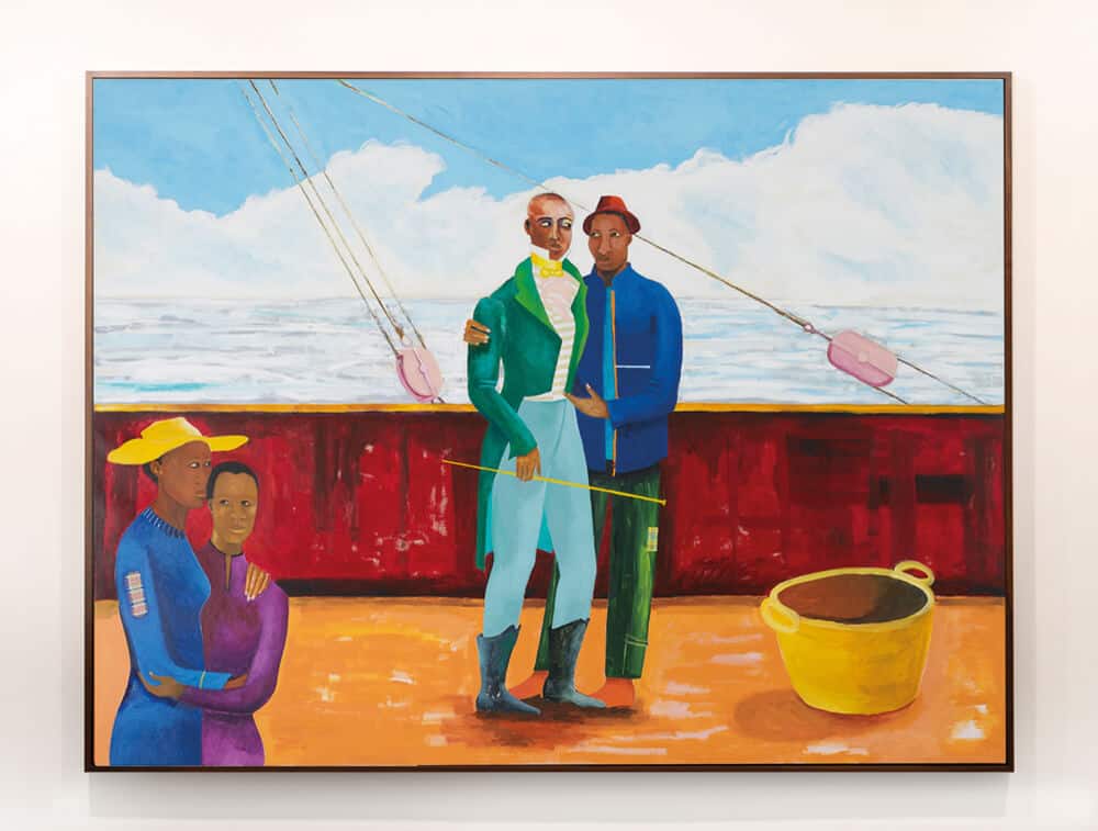 Lubaina Himid, Memorial to Zong, 1991. Acrylic on canvas, 152.4 x 121.92 x 4.5 cm. Installation view: Sharjah Biennale 14: ‘Leaving the Echo Chamber’. Courtesy of the artist and Hollybush Gardens, London. Courtesy of Sharjah Art Foundation