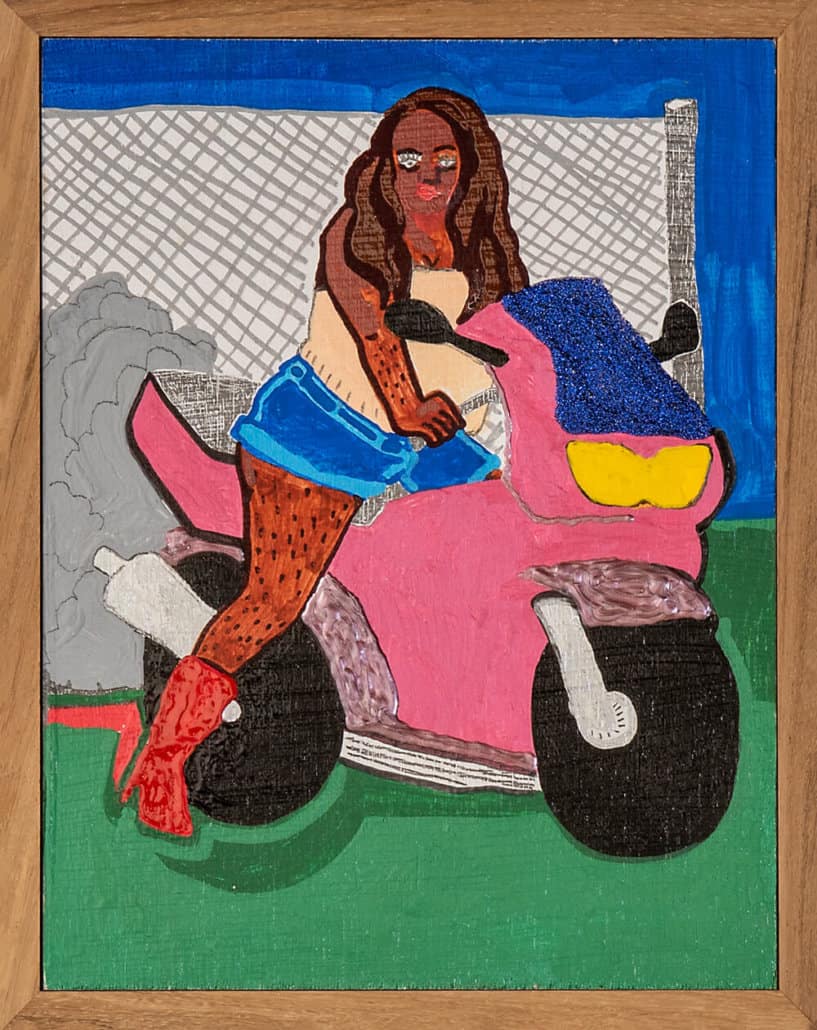 Katharien de Villiers, Babe on a bike, 2019. Acrylic paint on board, 25 x 20cm.