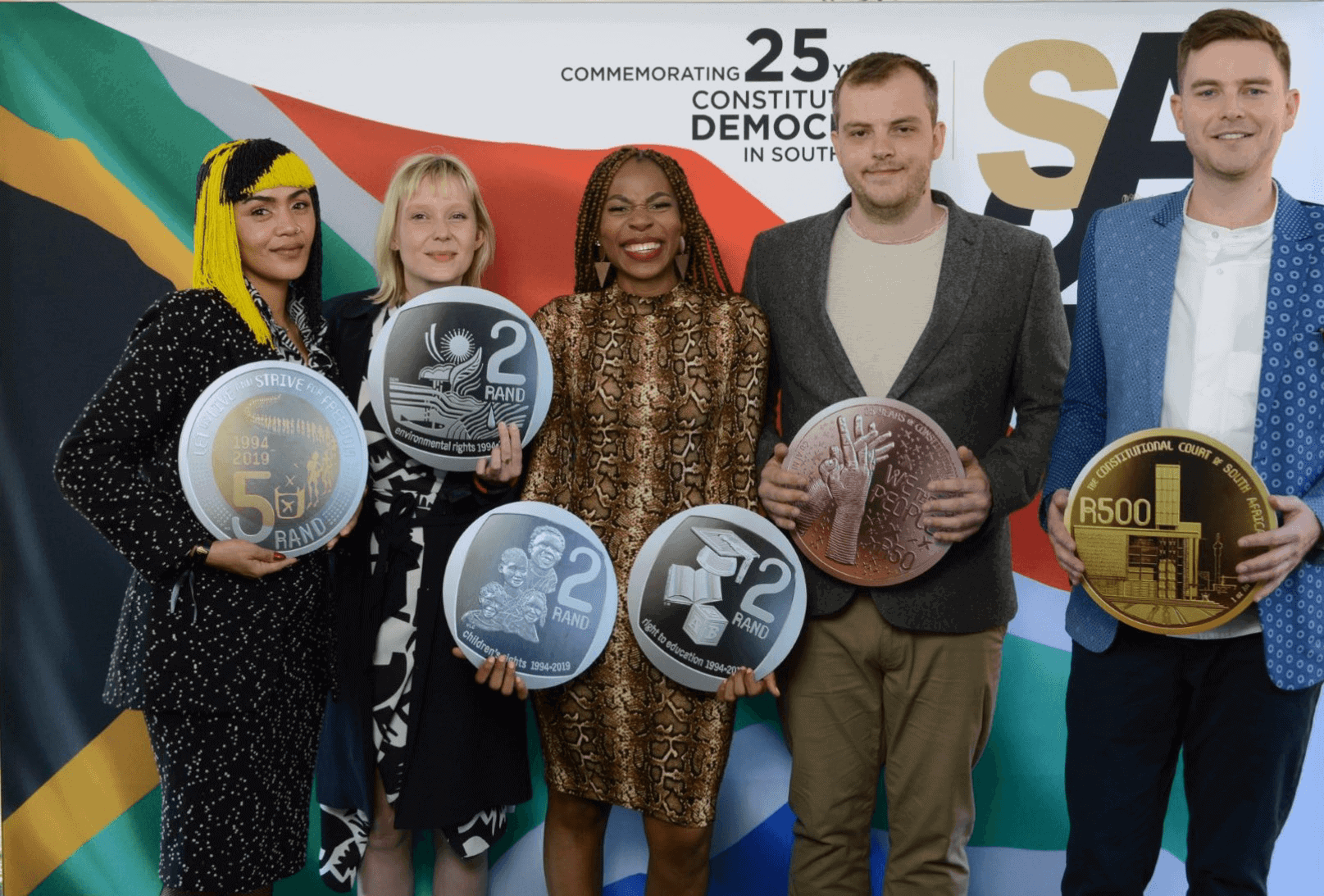 The artists with the coins they designed at the media launch of the SA25 – Celebrating South Africa (left - right), Lady Skollie, Maaike Bakker, Neo Mahlangu, Peter Mammes, Shaun Gaylard.