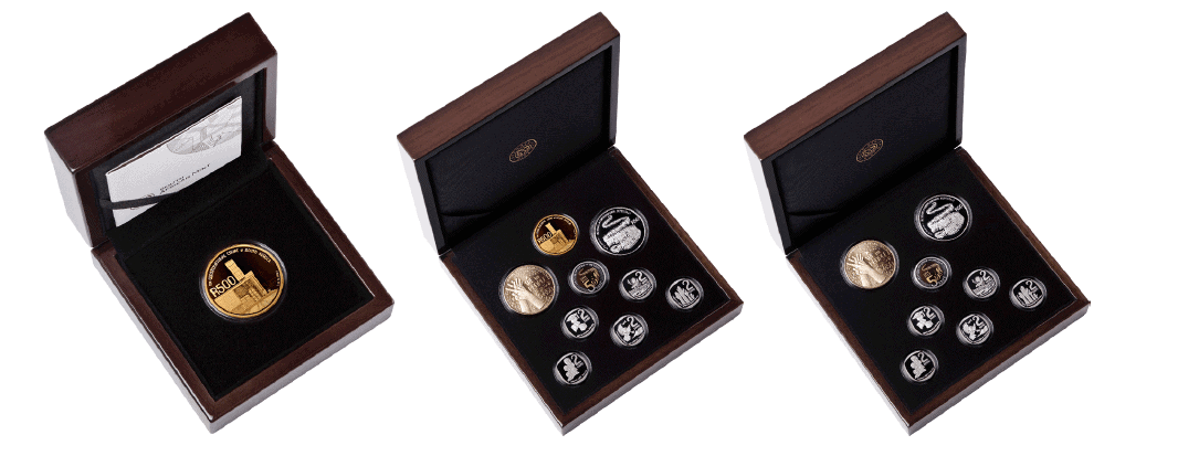 Single Gold Coin’ SA25 commemorative coin sets. Limited Edition of 125 sets. Includes: 1 x R500 24ct Gold Proof Coin. ‘9-Coin set’ SA25 commemorative coin set. Limited Edition of 225 sets. Includes: 1 x R500 24ct Gold Proof Coin, 1 x R50 Sterling-Silver Proof Coin, 1 x R50 Bronze Alloy Proof Coin, 1 x R5 Circulation Proof-Quality Coin, 5 x R2 Circulation Proof-quality Coin. ‘8-Coin set’ SA25 commemorative coin sets. Limited Edition of 2250 sets. Includes: 1 x R50 Sterling-Silver Proof Coin, 1 x R50 Bronze Alloy Proof Coin, 1 x R5 Circulation Proof-Quality Coin, 5 x R2 Circulation Proof-quality Coin.