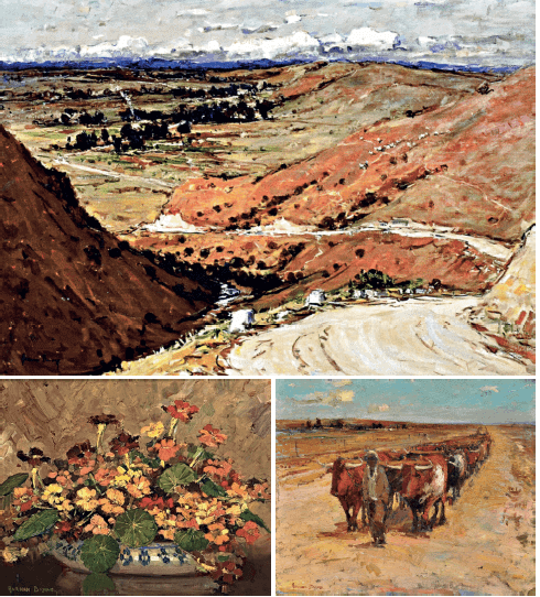 CLOCKWISE FROM TOP: The Road to Calvinia. Oil on canvas, 17,4 x 15cm. Die Touleier. Oil on board, 76,5 x 92cm. Nasturtiums in a Bowl. Oil on canvas laid down on board, 40 x 50cm. All images courtesy of the Adriaan Boshoff Museum.
