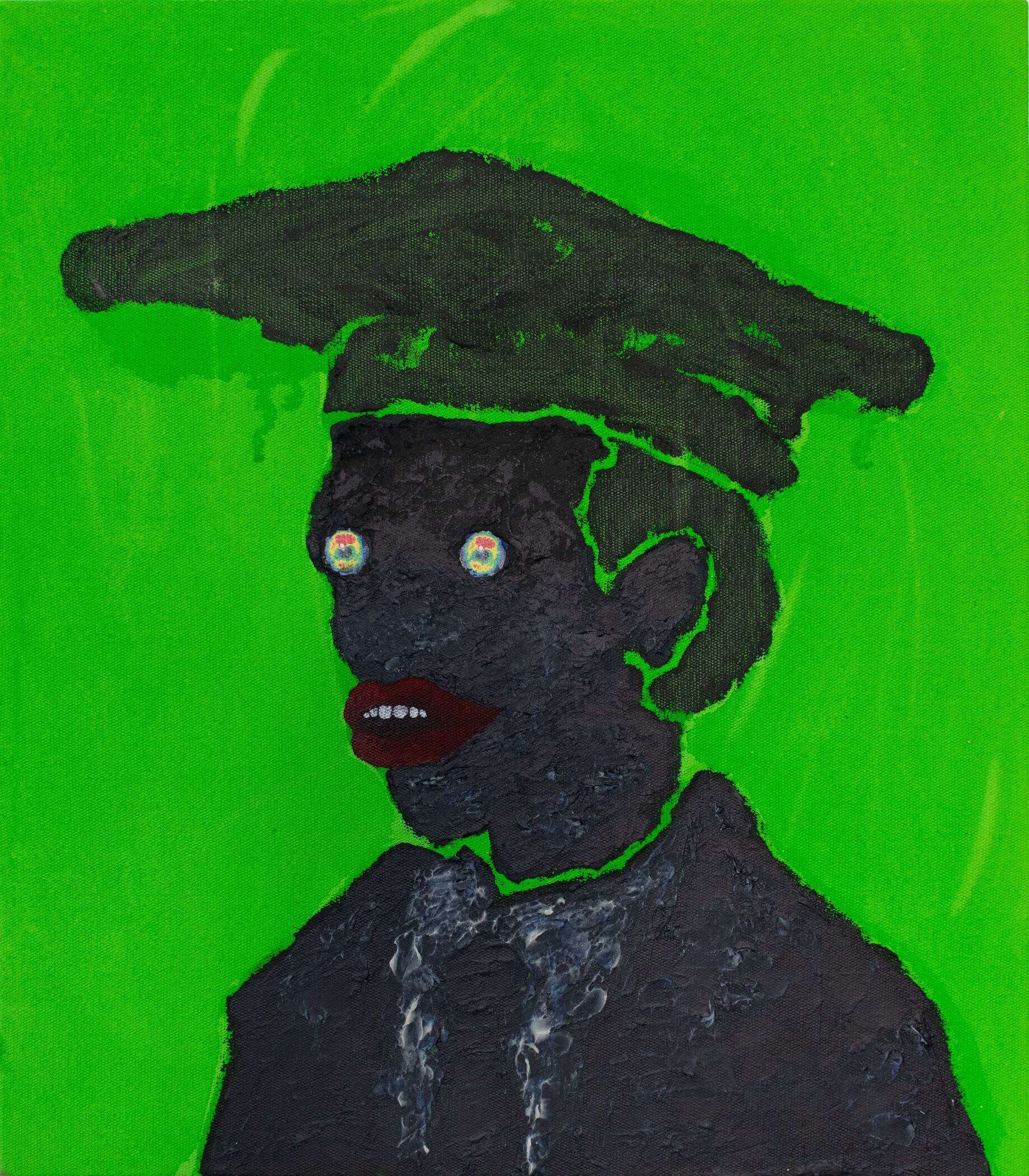 Thebe Phetogo, Conspicuous Fraud in Otjikaiva, 2019. Shoe polish collage and acrylic on canvas, 35,8 x 40,5cm.
