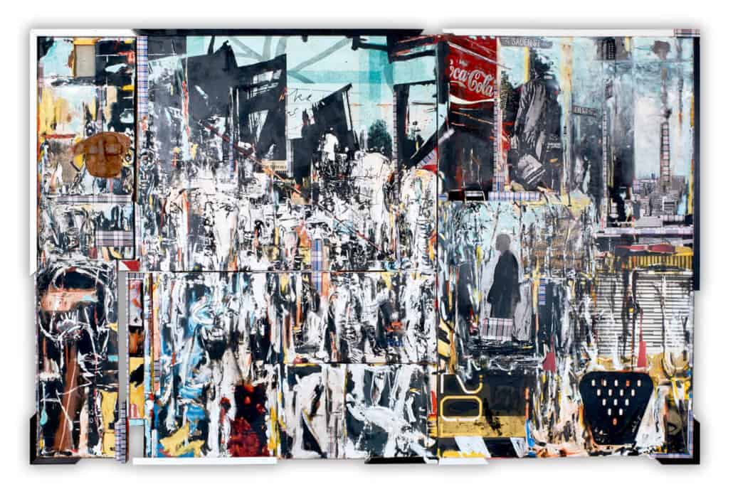 Kagiso Patrick Mautloa, Urban Vibes (City Buzz) (2018), Mixed media on board, 350 x 200 cm, Image courtesy of the Bag Factory