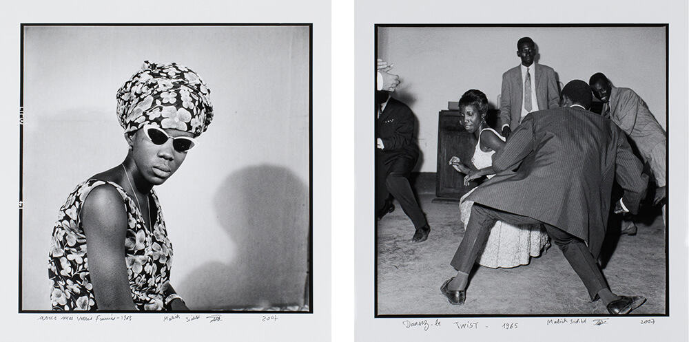 LEFT: Malick Sidibé, Avec mes verres fumés, 1963. RIGHT: Malick Sidibé, Dansez le twist, 1965. 