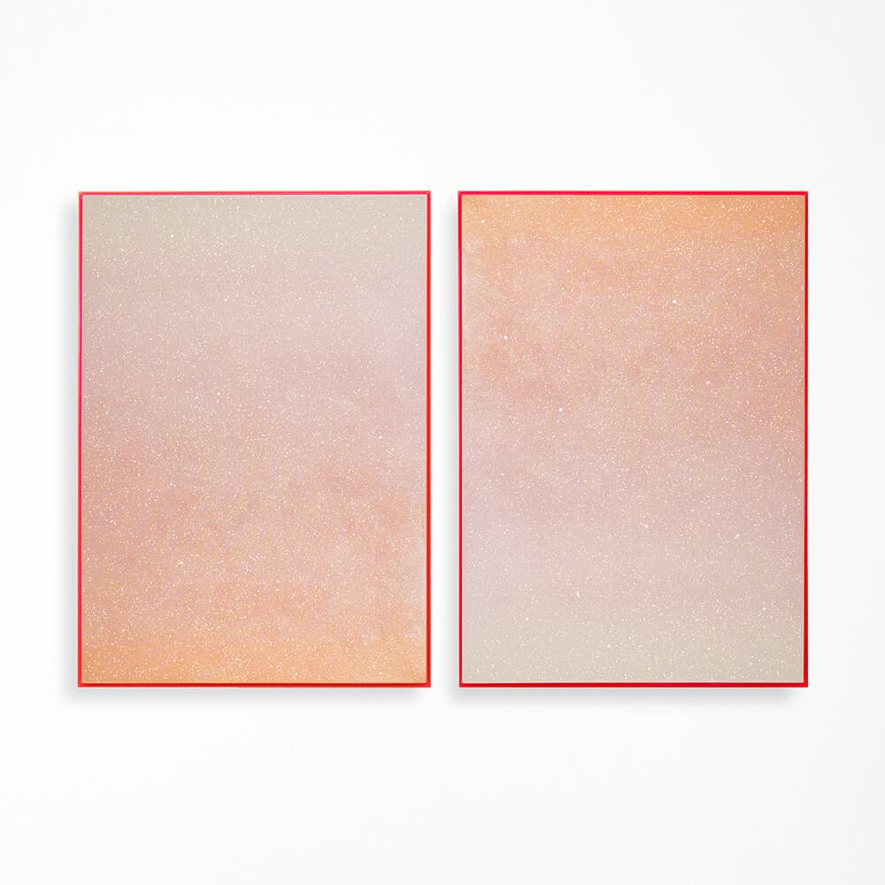 LEFT: Rosie Mudge, Is it better to burn up than to fade away?, 2020. Automotive paint and glitter glue on canvas, 102 x 72cm. RIGHT: Rosie Mudge, I didn’t know I had a dream/I didn’t know until I saw you, 2020. Automotive paint and glitter glue on canvas, 102 x 72cm.